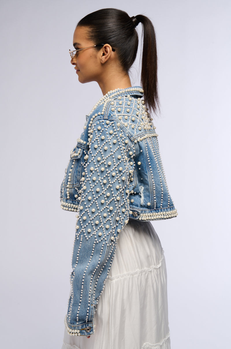 LUCKY YOU CROPPED PEARL DENIM JACKET