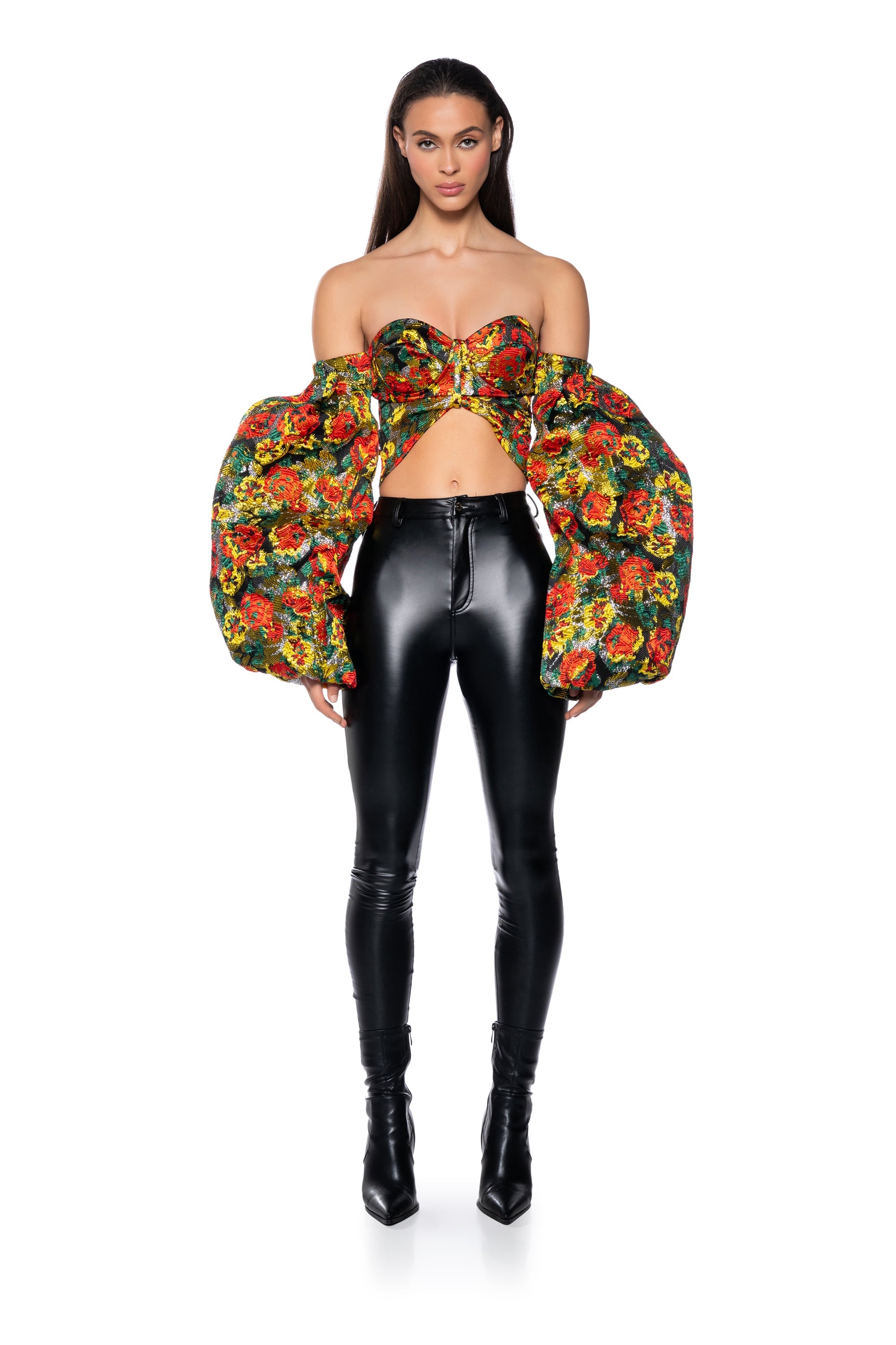 THE CROWN JEWEL CROPPED BROCADE SLEEVE BLOUSE