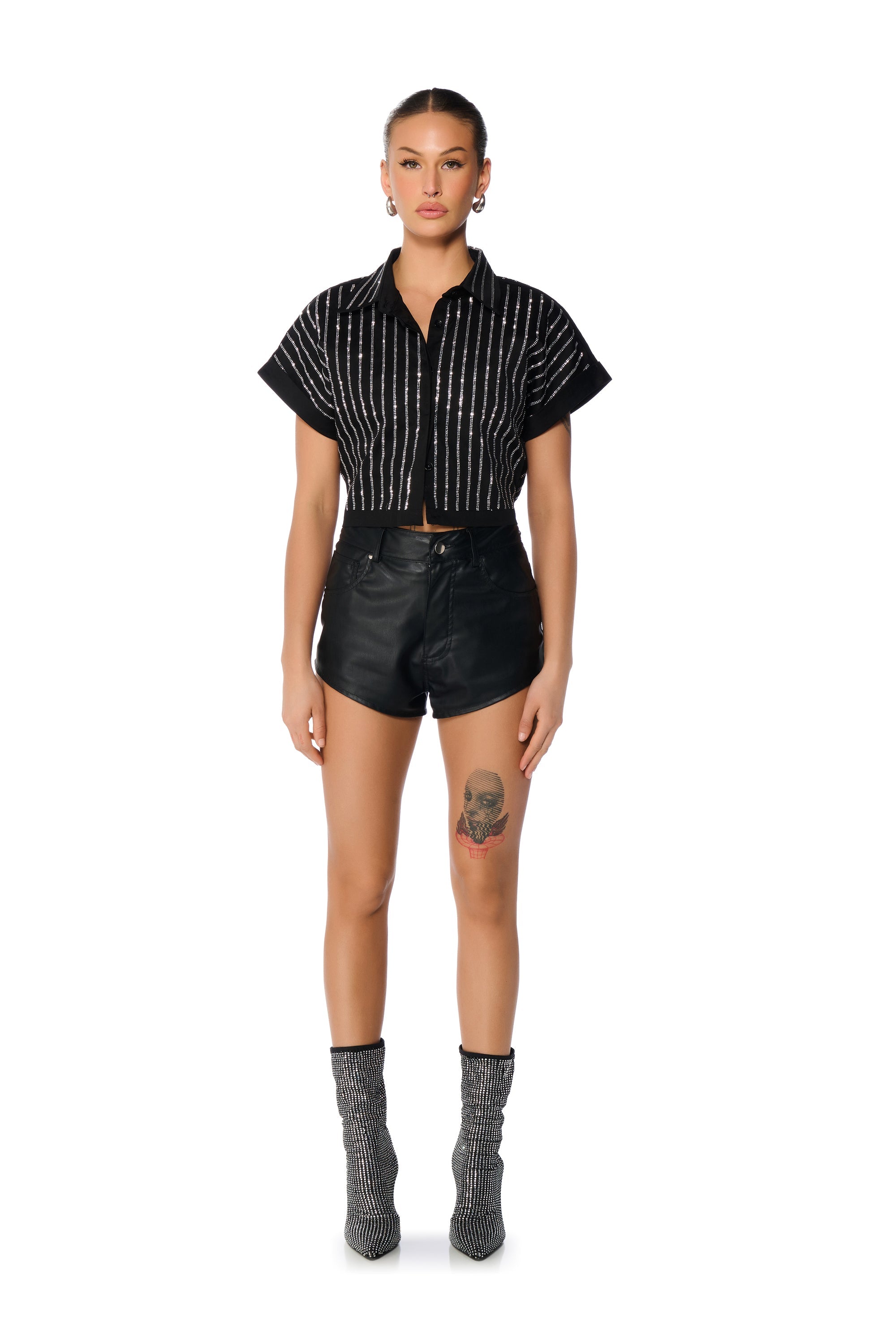 MAFIOSA RHINESTONE STRIPE CROPPED BUTTON DOWN