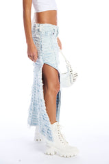 MESS WITH ME SUPER DISTRESSED MAXI DENIM SKIRT
