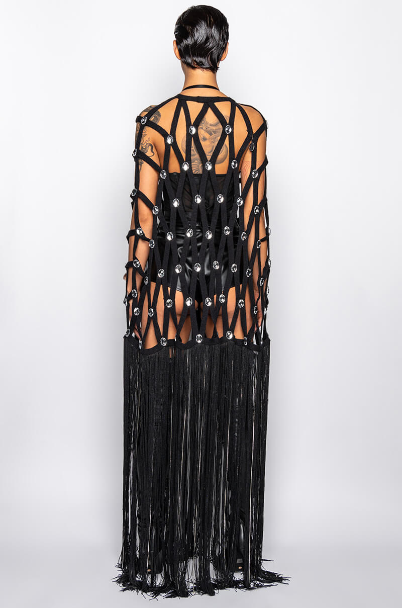 ZELINA FRINGE EMBELLISHED LONG CARDIGAN