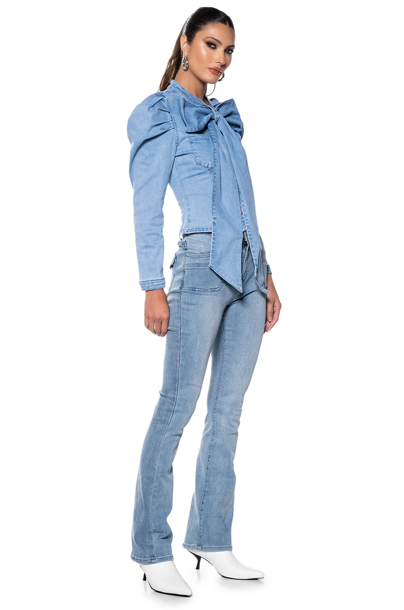 MISS INDEPENDENT DENIM LONG SLEEVE BLOUSE