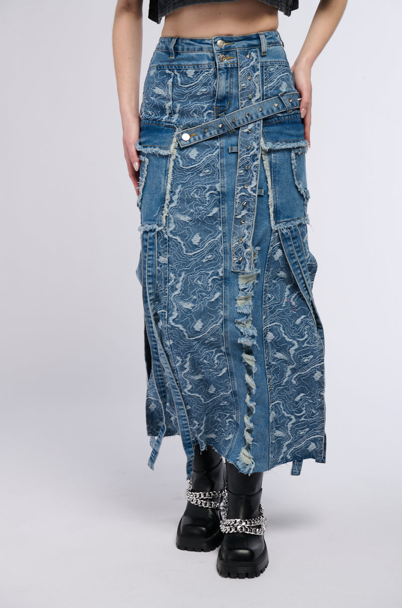 MIXED MEDIA DENIM MAXI SKIRT