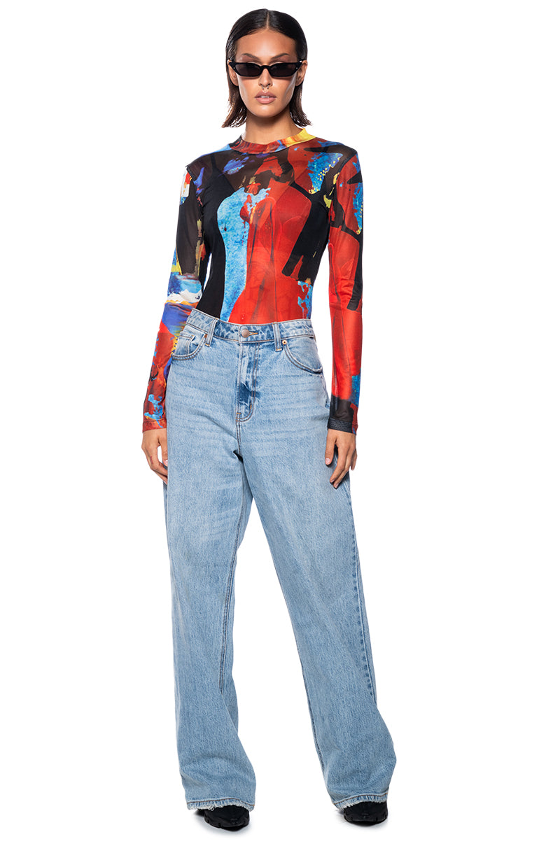 MODERN ART LONG SLEEVE MESH MOCK NECK BODYSUIT