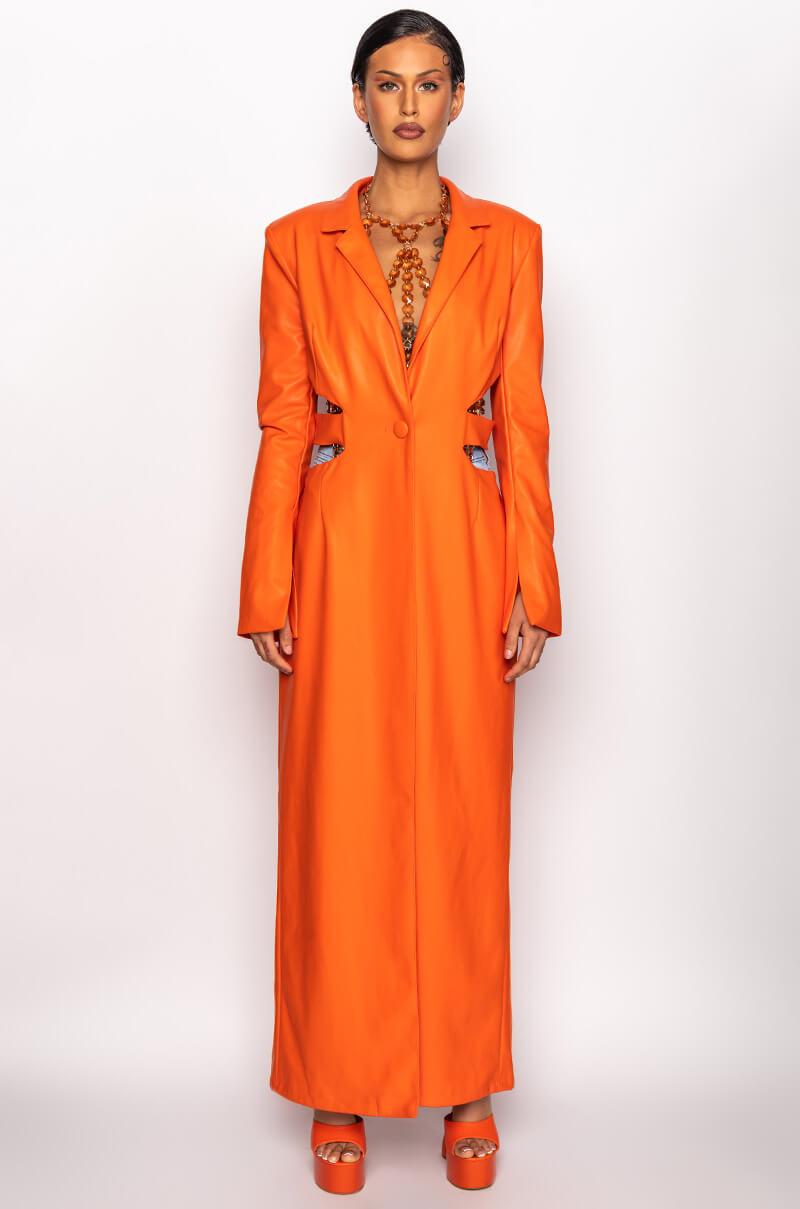 MORE LIFE ORANGE CUT OUT PLEATHER TRENCH