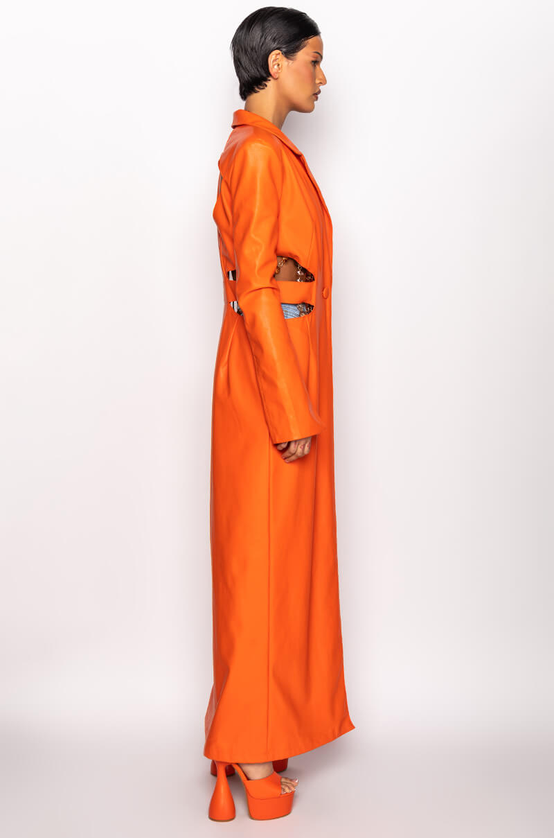 MORE LIFE ORANGE CUT OUT PLEATHER TRENCH