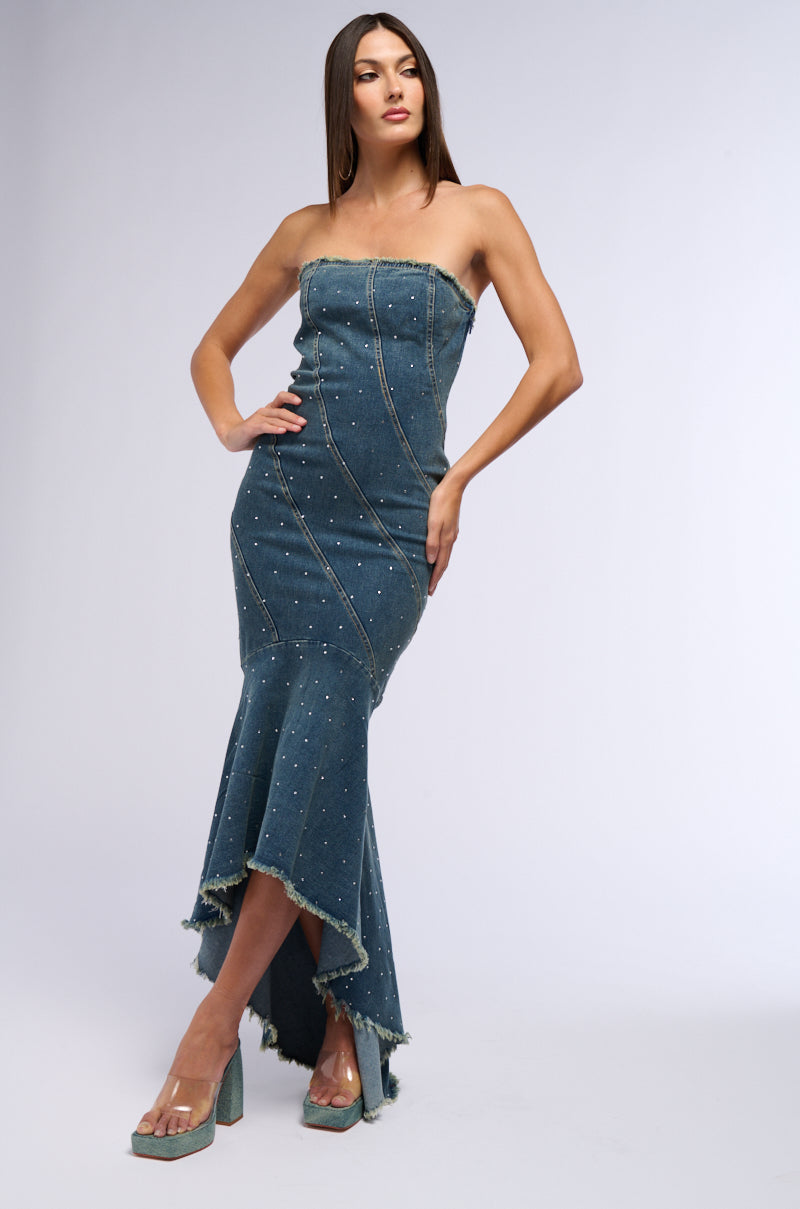 MY OWN MUSE HIGH LOW RHINESTONE DENIM MIDI DRESS