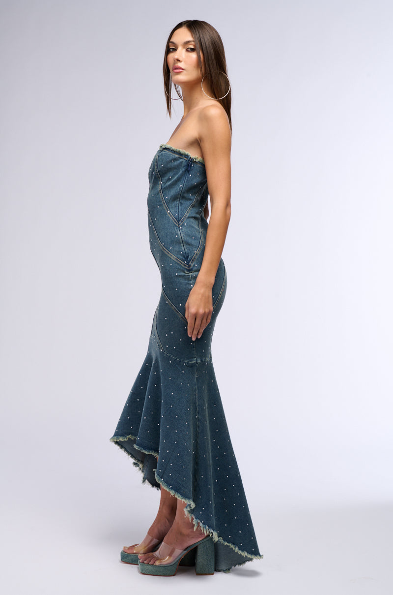 MY OWN MUSE HIGH LOW RHINESTONE DENIM MIDI DRESS