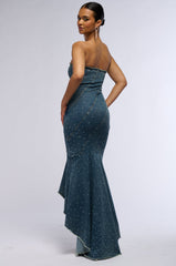 MY OWN MUSE HIGH LOW RHINESTONE DENIM MIDI DRESS