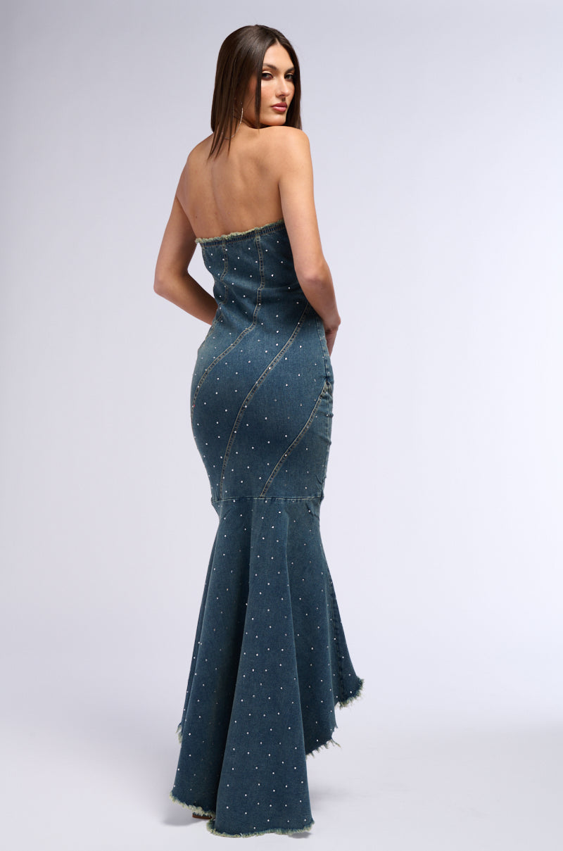 MY OWN MUSE HIGH LOW RHINESTONE DENIM MIDI DRESS