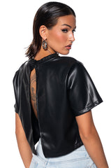 MY TYPE OPEN BACK FAUX LEATHER SHIRT