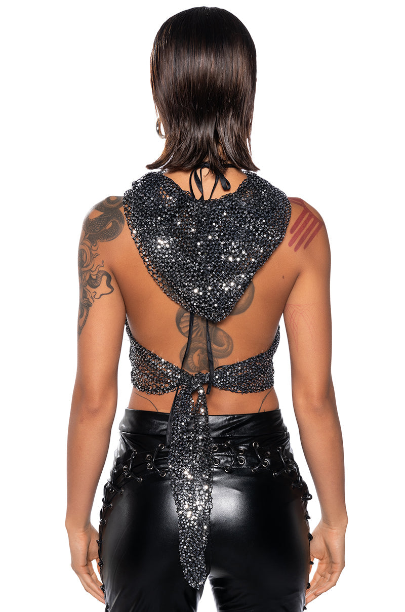 MYSTERY GIRL SLEEVELESS SEQUIN HOODED TOP