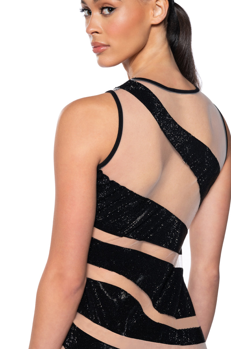 NADINE ILLUSION RHINESTONE MESH MINI DRESS