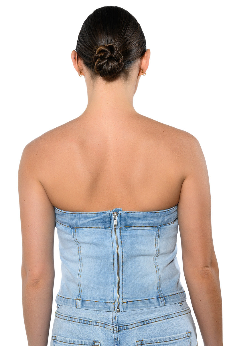 NOT YOUR AVERAGE GIRL DENIM STRAPLESS TOP