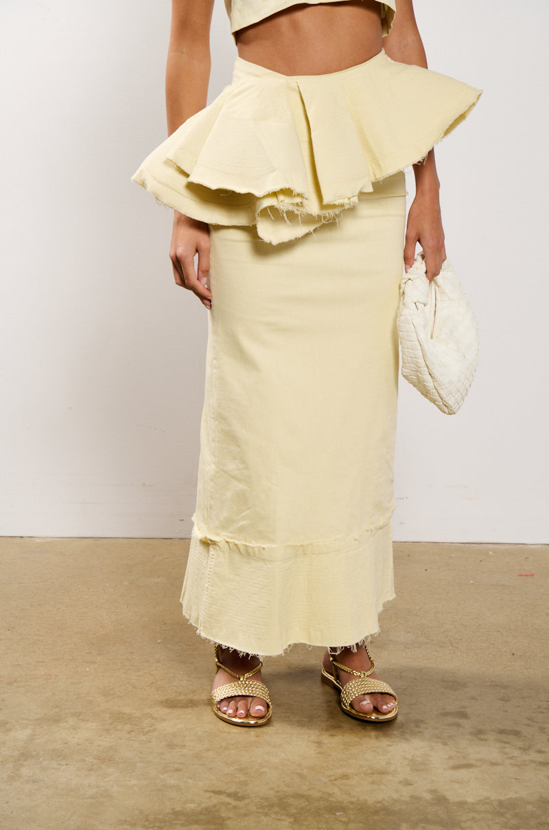 OCEAN BREEZE RUFFLE DETAIL STRETCH LINEN MAXI SKIRT