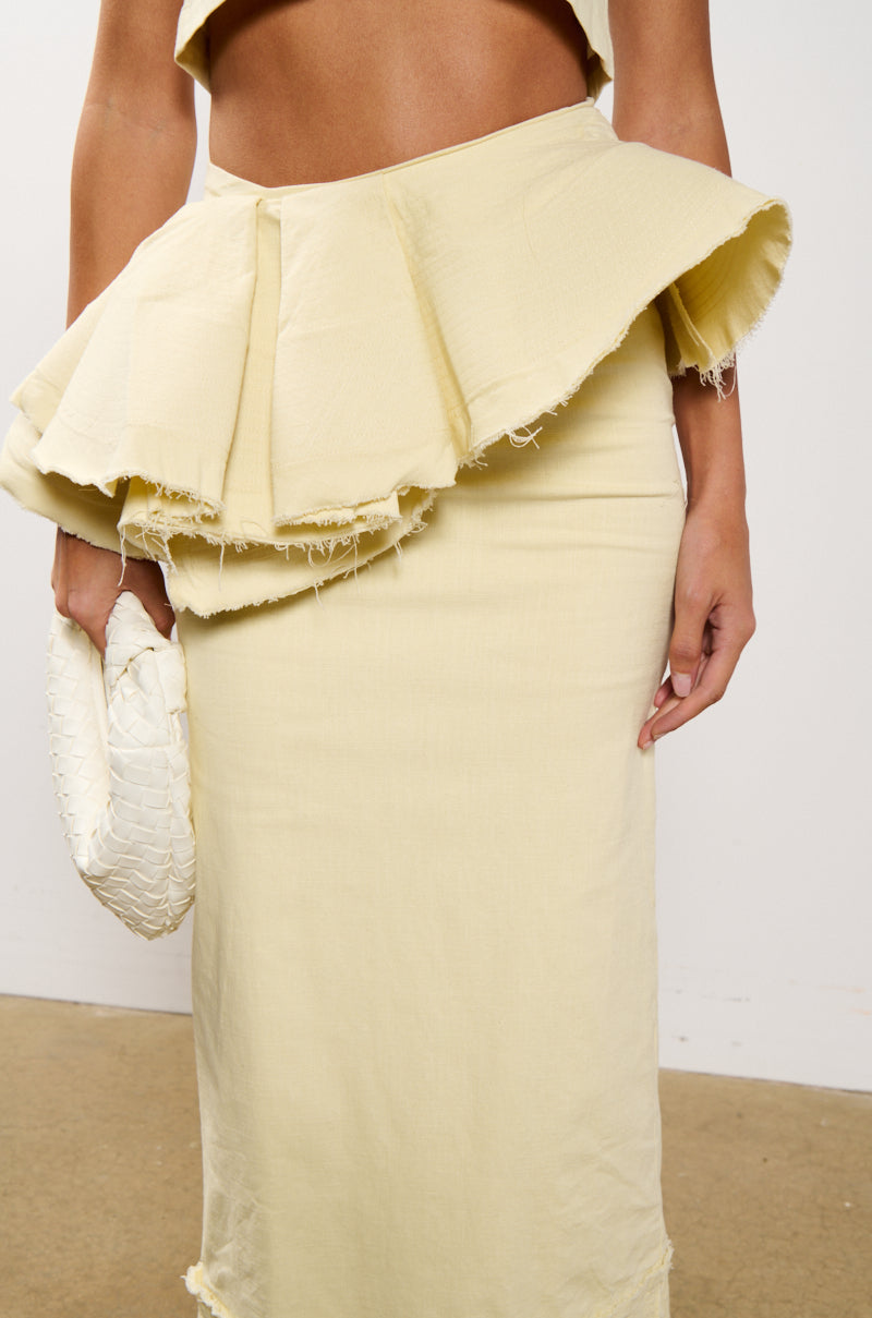 OCEAN BREEZE RUFFLE DETAIL STRETCH LINEN MAXI SKIRT