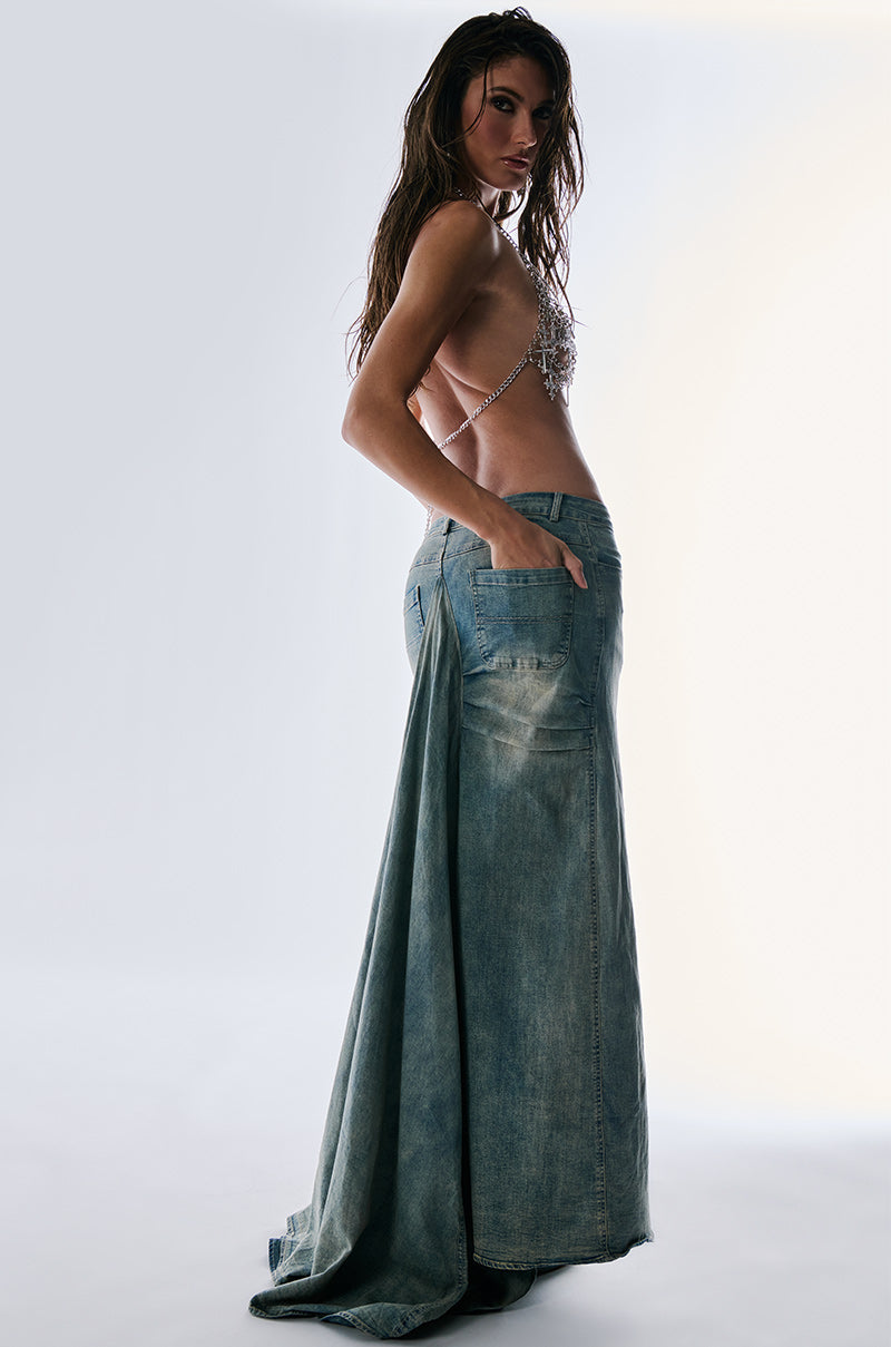 OH THE DRAMA DENIM MAXI SKIRT WITH TRAIN
