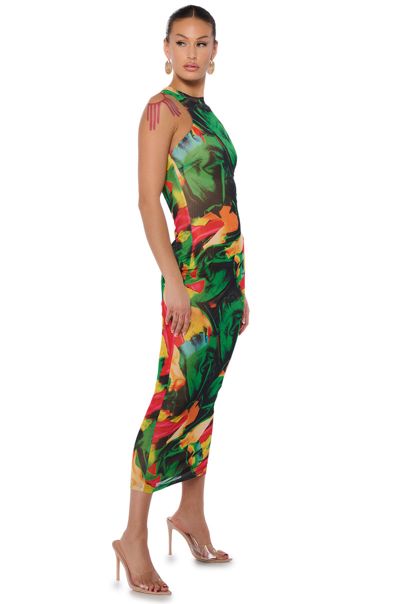 ON A ROLL PRINTED MAXI DRESS IN GREEN MULTI