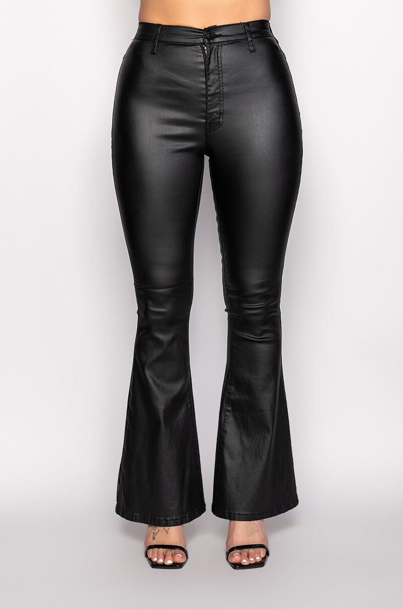 ON DUTY FAUX LEATHER HIGH RISE FLARE PANTS
