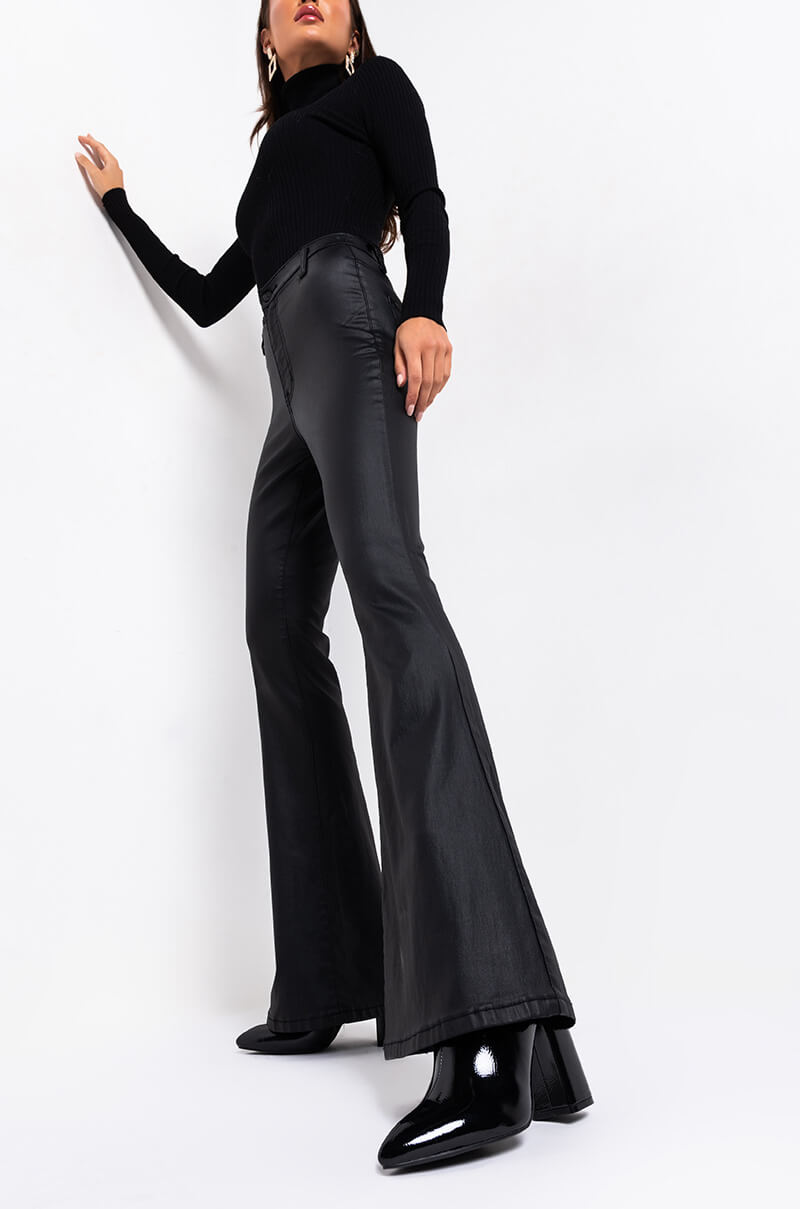 ON DUTY FAUX LEATHER HIGH RISE FLARE PANTS