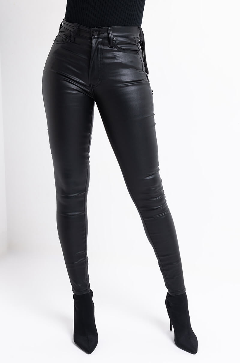 ON DUTY FAUX LEATHER LACE UP SKINNY PANTS WITH 4 WAY STRETCH