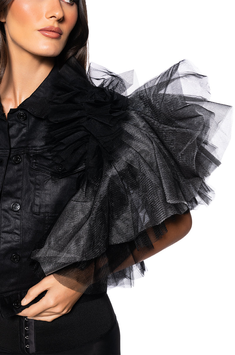 ON REPEAT TULLE SHOULDER VEST IN BLACK PU