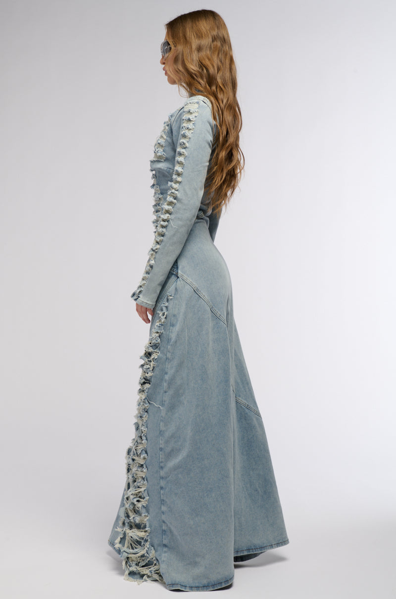 ON THE EDGE DISTRESSED DENIM MAXI DRESS