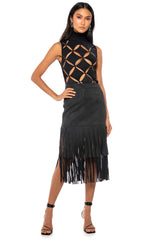 ON THE LOOK OUT FRINGE MIDI SKIRT