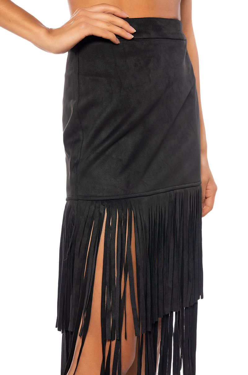 ON THE LOOK OUT FRINGE MIDI SKIRT
