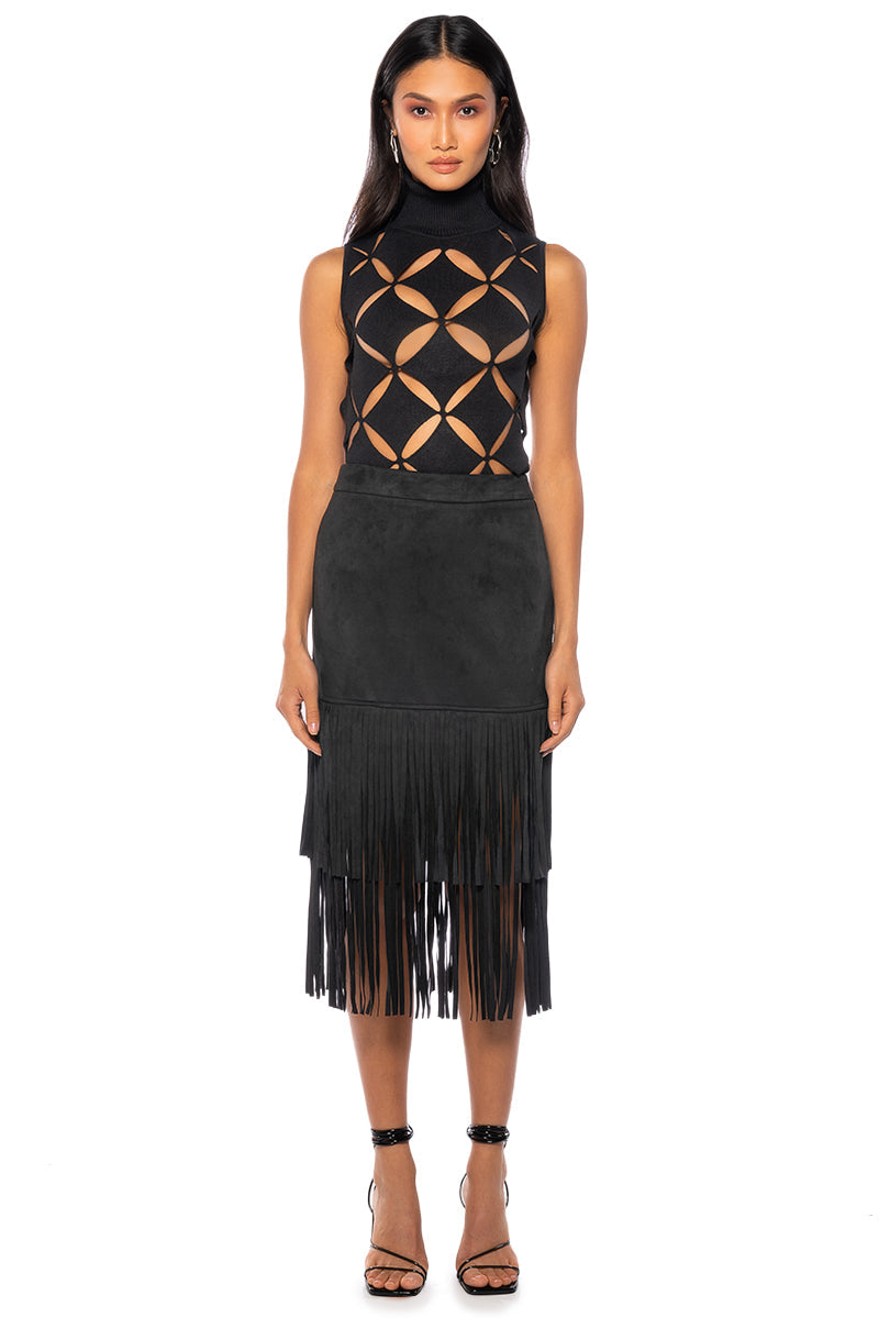ON THE LOOK OUT FRINGE MIDI SKIRT