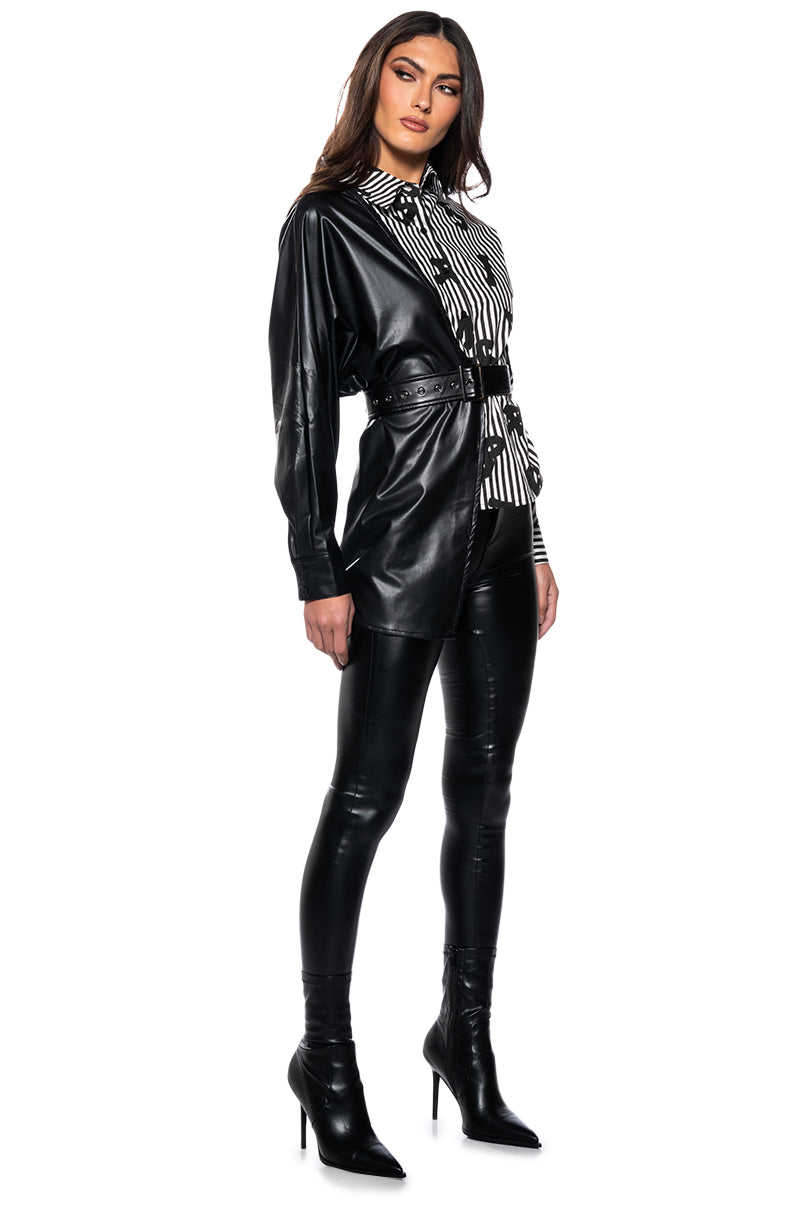 ONLY ONE BELTED PU AND POPLIN BUTTON DOWN SHIRT