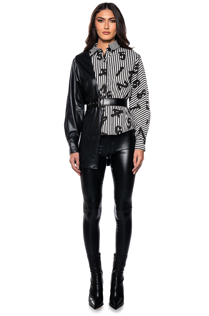 ONLY ONE BELTED PU AND POPLIN BUTTON DOWN SHIRT