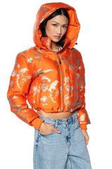 ORANGEY BROCADE PUFFER WITH REMOVEABLE HOOD