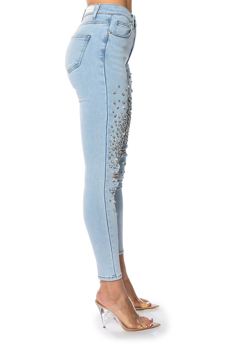 OUTTA THIS WORLD DISTRESSED RHINESTONE HIGH RISE SKINNY JEANS