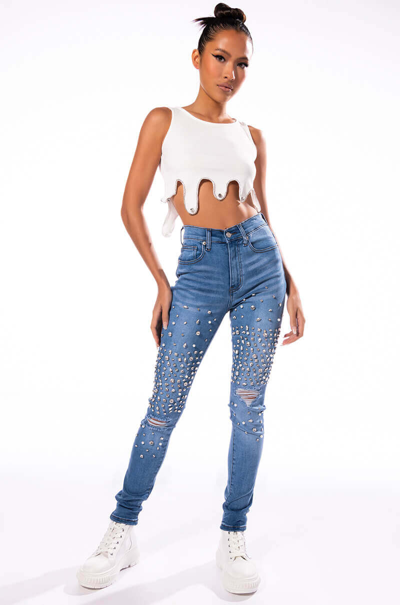 OUTTA THIS WORLD DISTRESSED RHINESTONE HIGH RISE SKINNY JEANS