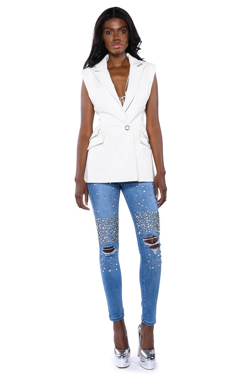 OUTTA THIS WORLD DISTRESSED RHINESTONE HIGH RISE SKINNY JEANS