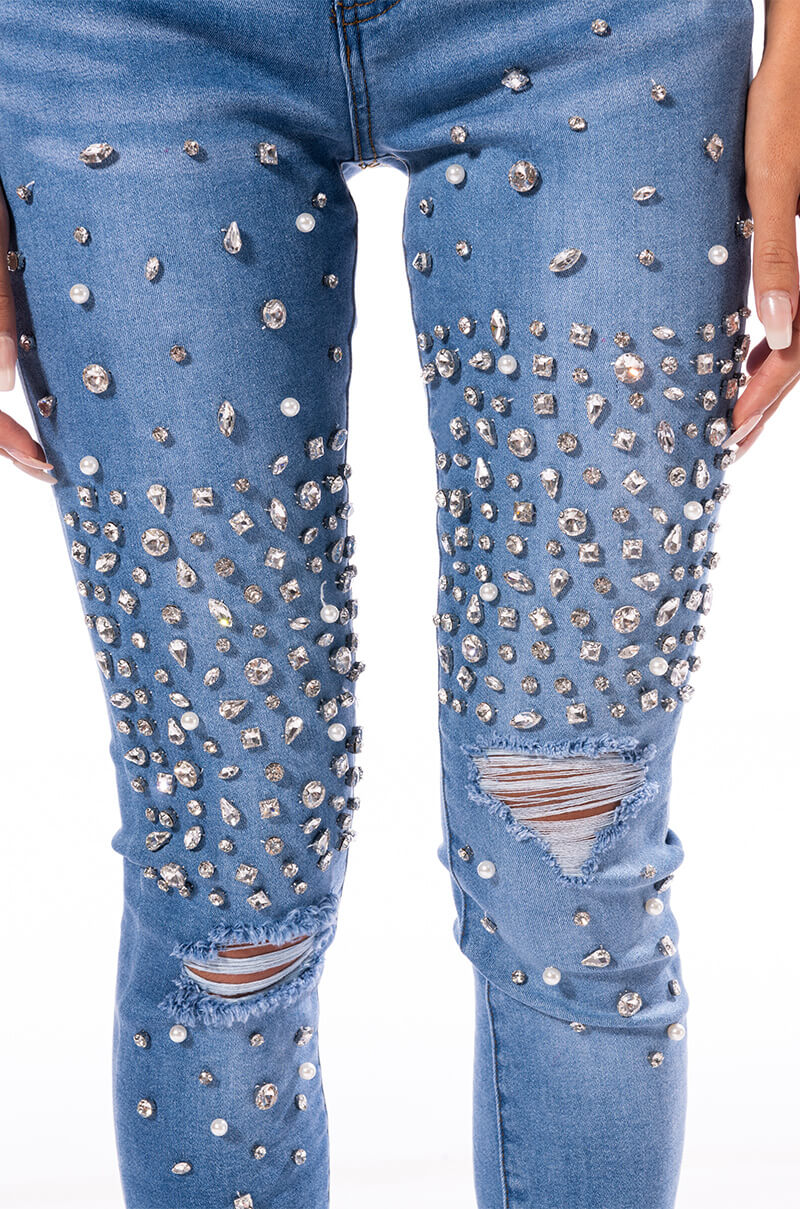 OUTTA THIS WORLD DISTRESSED RHINESTONE HIGH RISE SKINNY JEANS