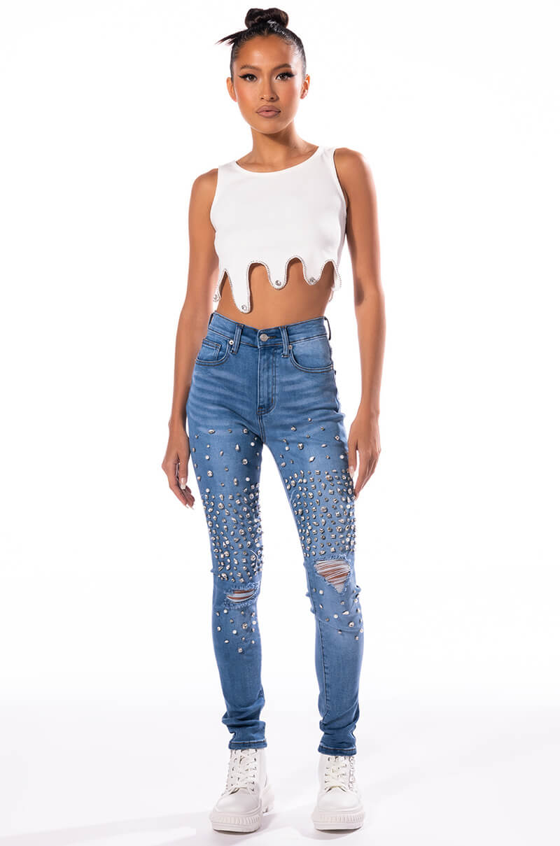 OUTTA THIS WORLD DISTRESSED RHINESTONE HIGH RISE SKINNY JEANS
