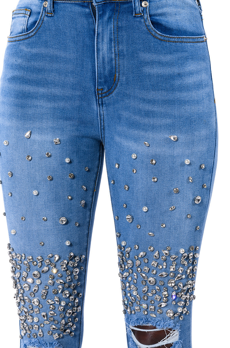 OUTTA THIS WORLD DISTRESSED RHINESTONE HIGH RISE SKINNY JEANS