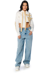 PARK STRAP DETAIL BUTTON DOWN BLOUSE IN WHITE MULTI