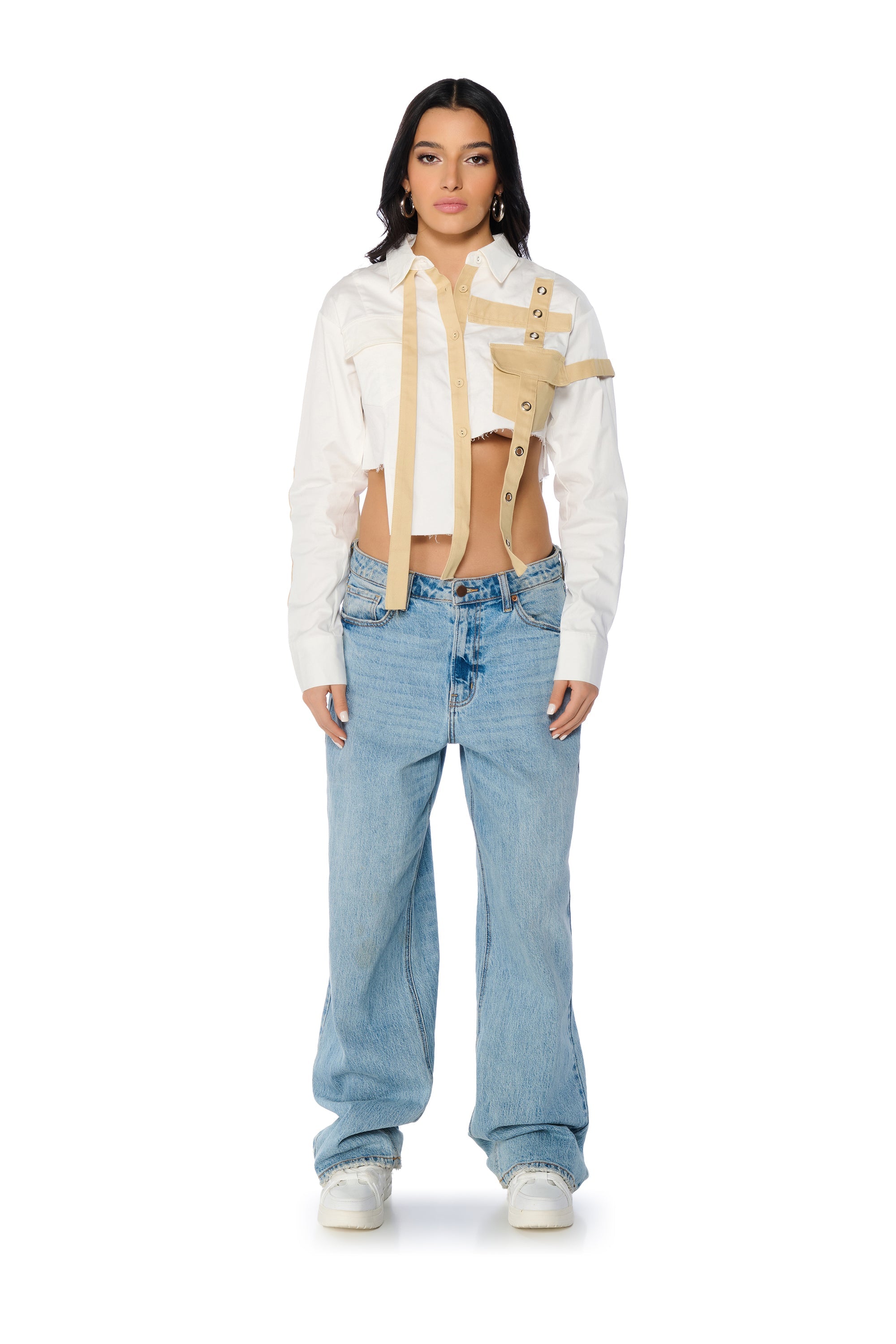 PARK STRAP DETAIL BUTTON DOWN BLOUSE IN WHITE MULTI