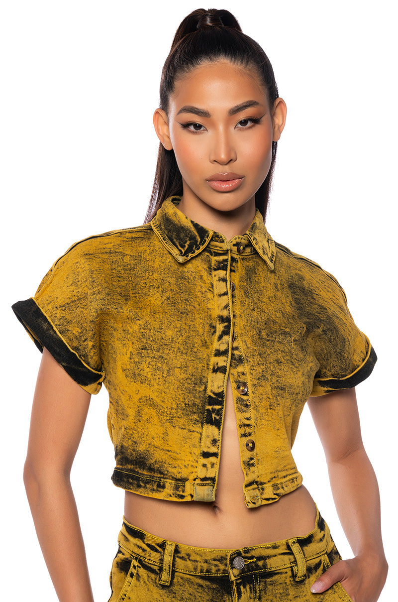 NOT IN THE MOOD CROPPED DENIM SHIRT