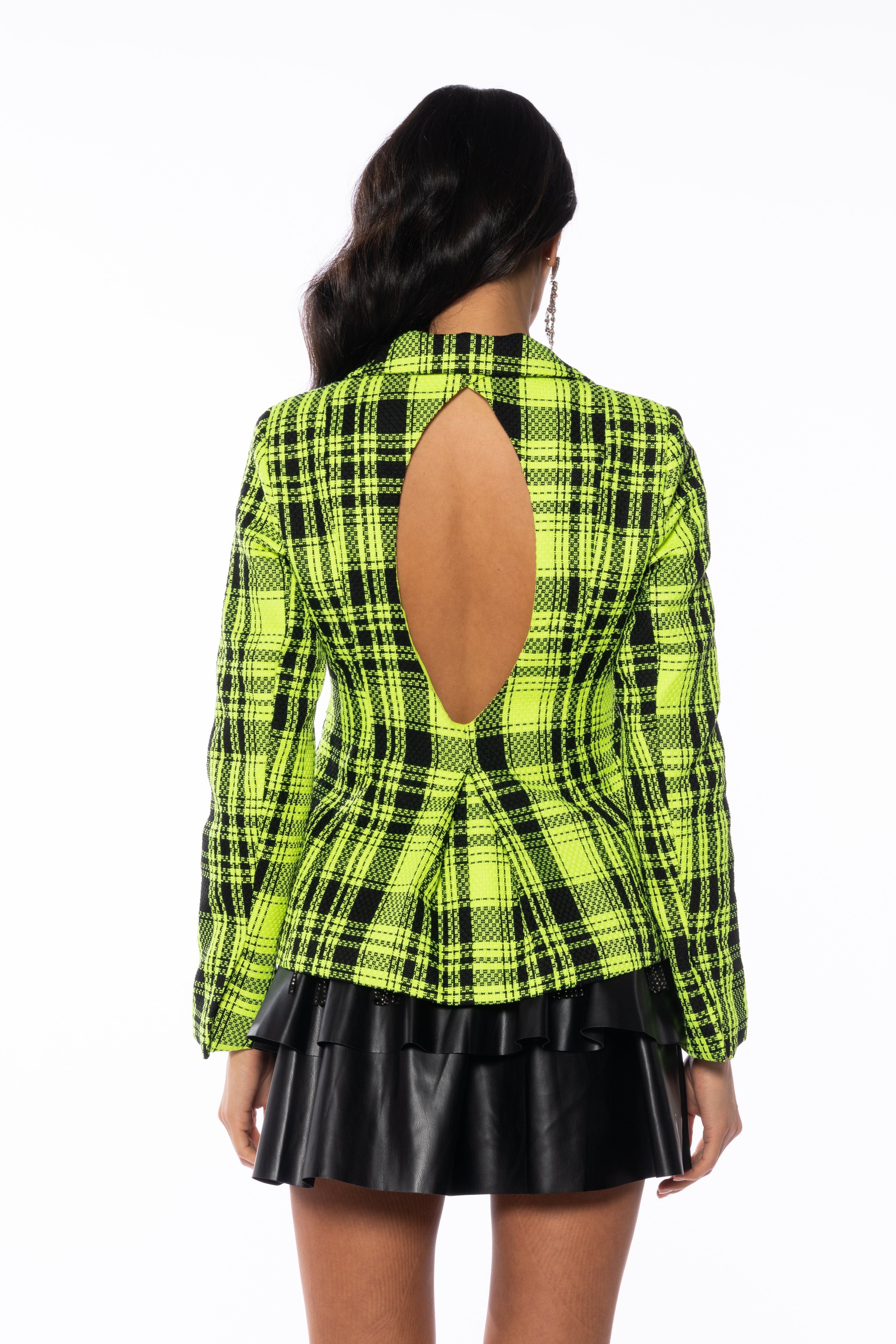 PLAID ABOUT YOU OPEN BACK BLAZER