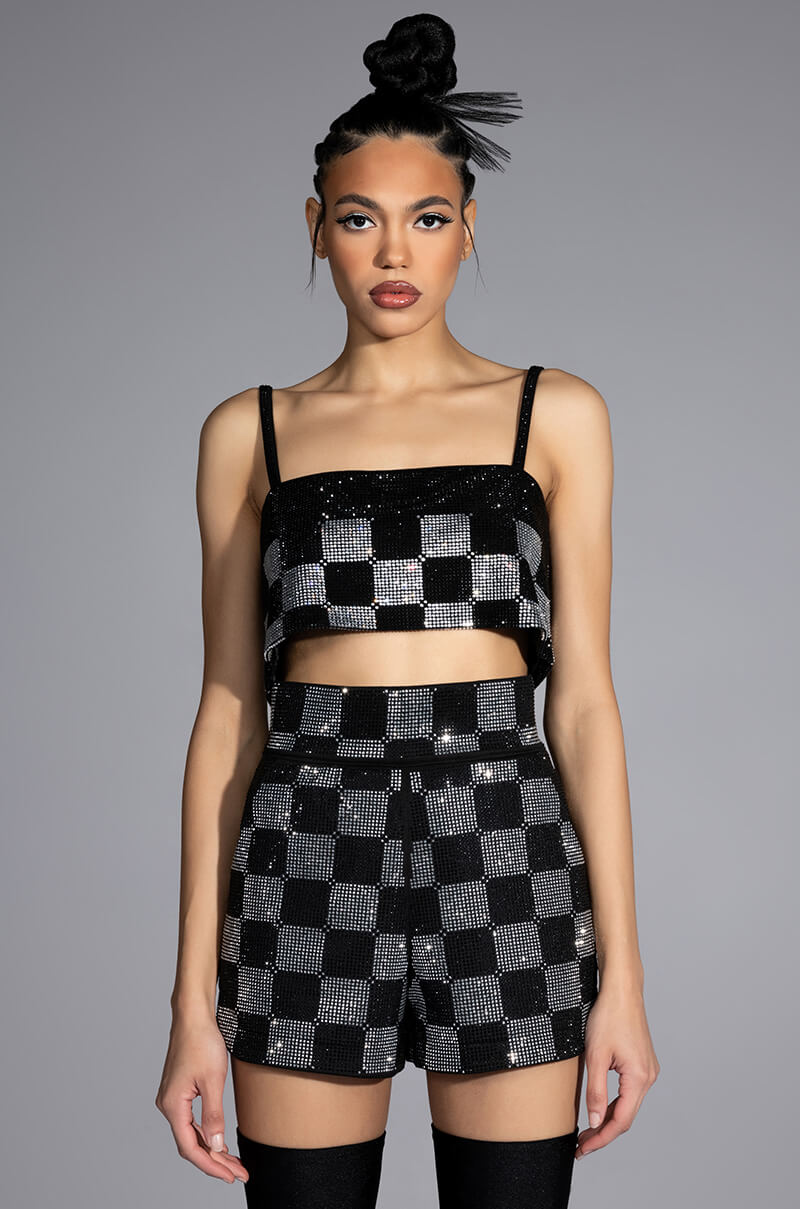 POP STAR CHECKERED RHINESTONE SHORT