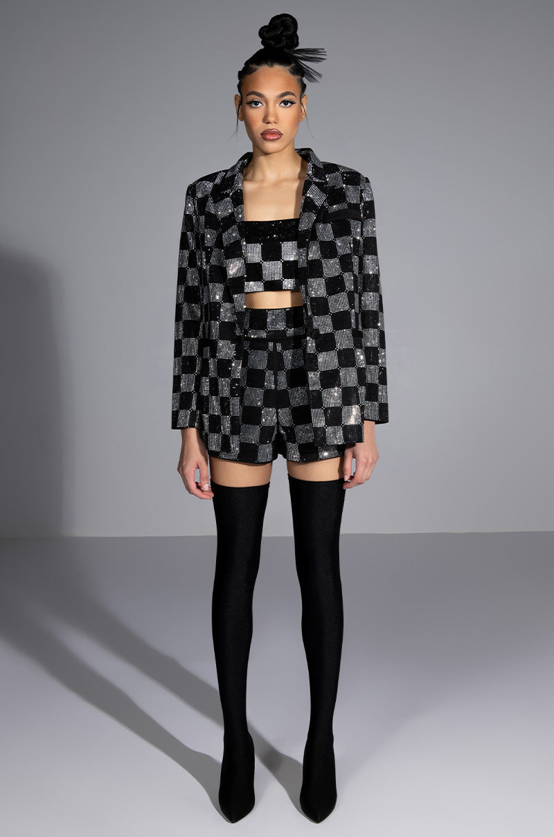 POP STAR CHECKERED RHINESTONE SHORT