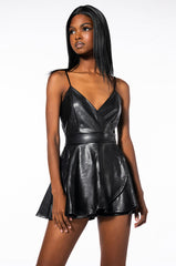 PRETTY WILD FIT AND FLARE FAUX LEATHER MINI DRESS
