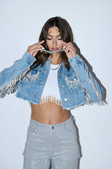 PURE HAPPINESS RHINESTONE CROPPED DENIM JACKET IN BLUE