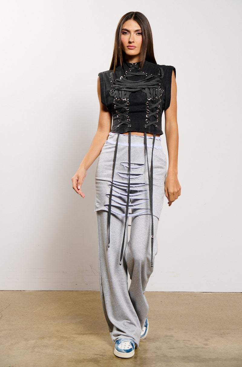 RAIN LAYERED SHREDDED SKIRT OVERLAY SWEATPANT