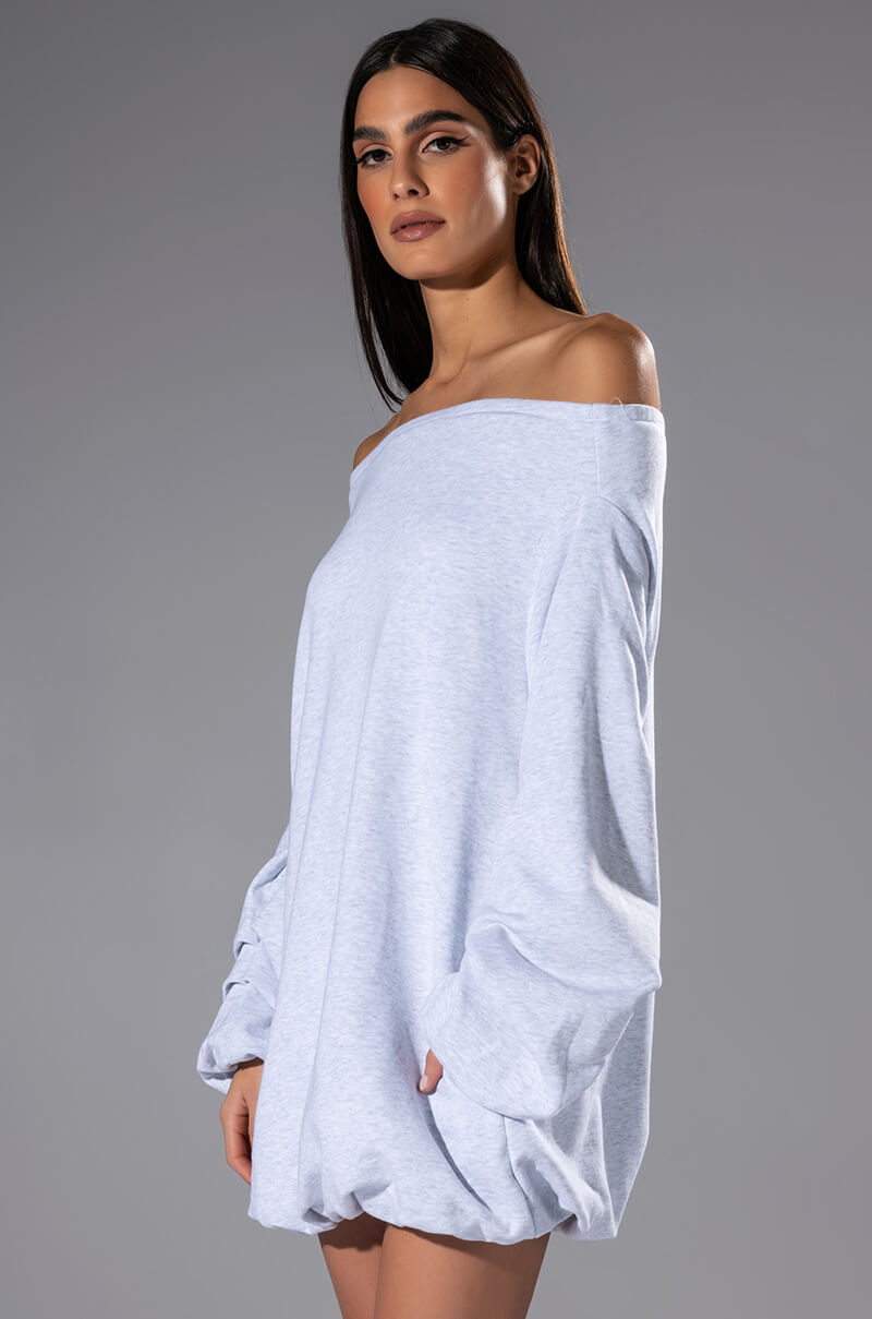 RELAXED CUTIE FRENCH TERRY OFF THE SHOULDER MINI DRESS