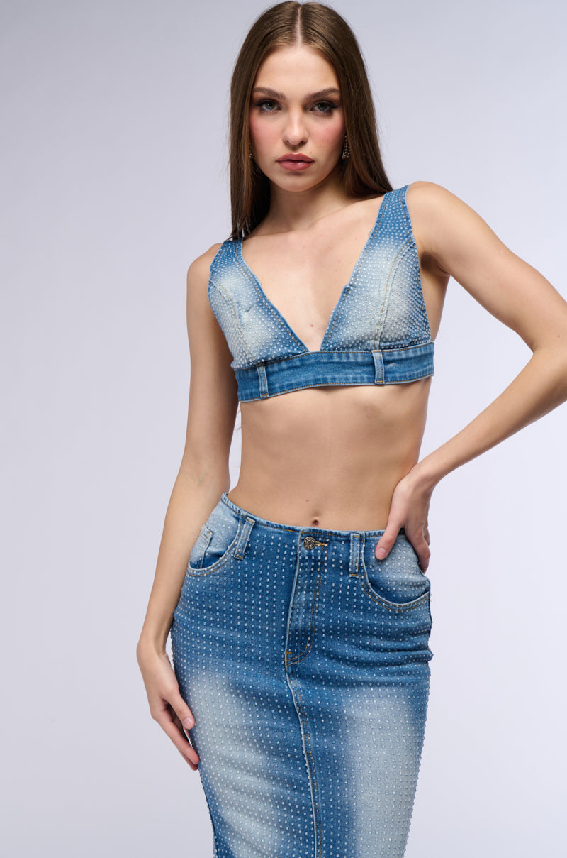 RICH GIRL ENERGY EMBELLISHED DENIM BRA TOP